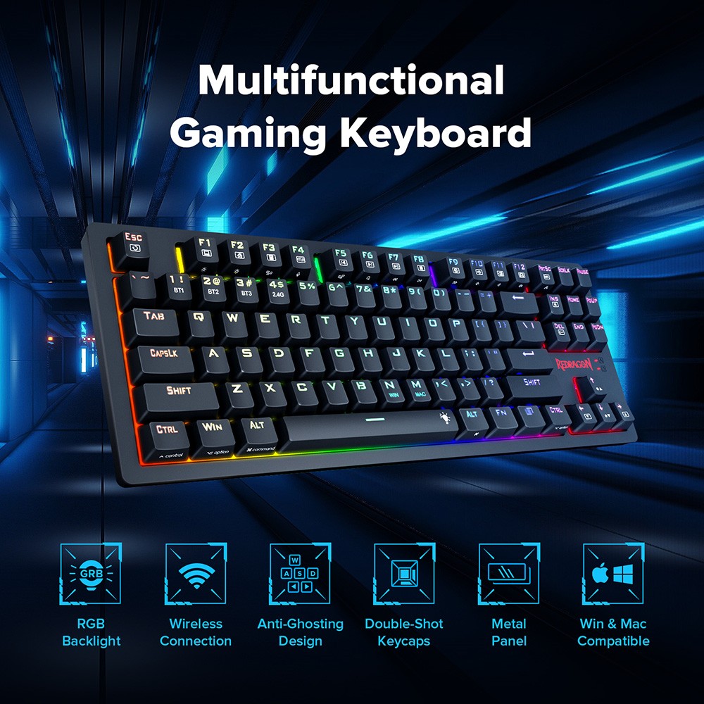 Refurbished Redragon K598P-KBS RGB TKL Wireless Mechanical Keyboard Bluetooth/2.4Ghz/Wired Tri-Mode Blue Switch for Win/Mac - Black