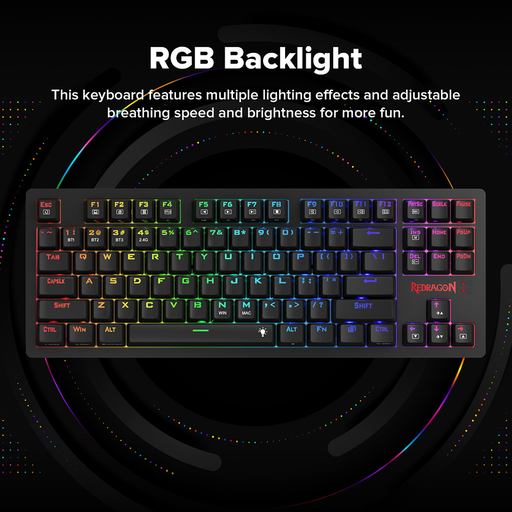 Refurbished Redragon K598P-KBS RGB TKL Wireless Mechanical Keyboard Bluetooth/2.4Ghz/Wired Tri-Mode Blue Switch for Win/Mac - Black