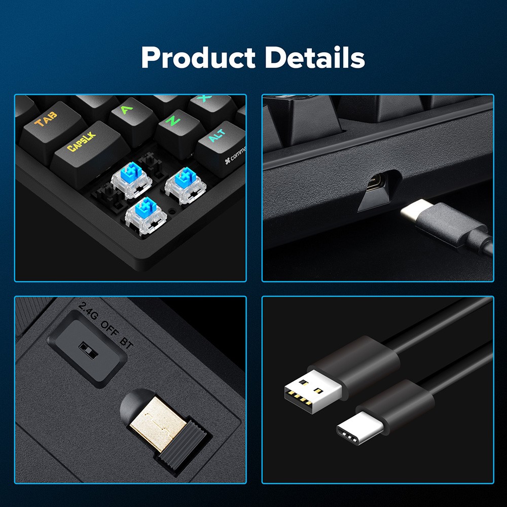 Refurbished Redragon K598P-KBS RGB TKL Wireless Mechanical Keyboard Bluetooth/2.4Ghz/Wired Tri-Mode Blue Switch for Win/Mac - Black