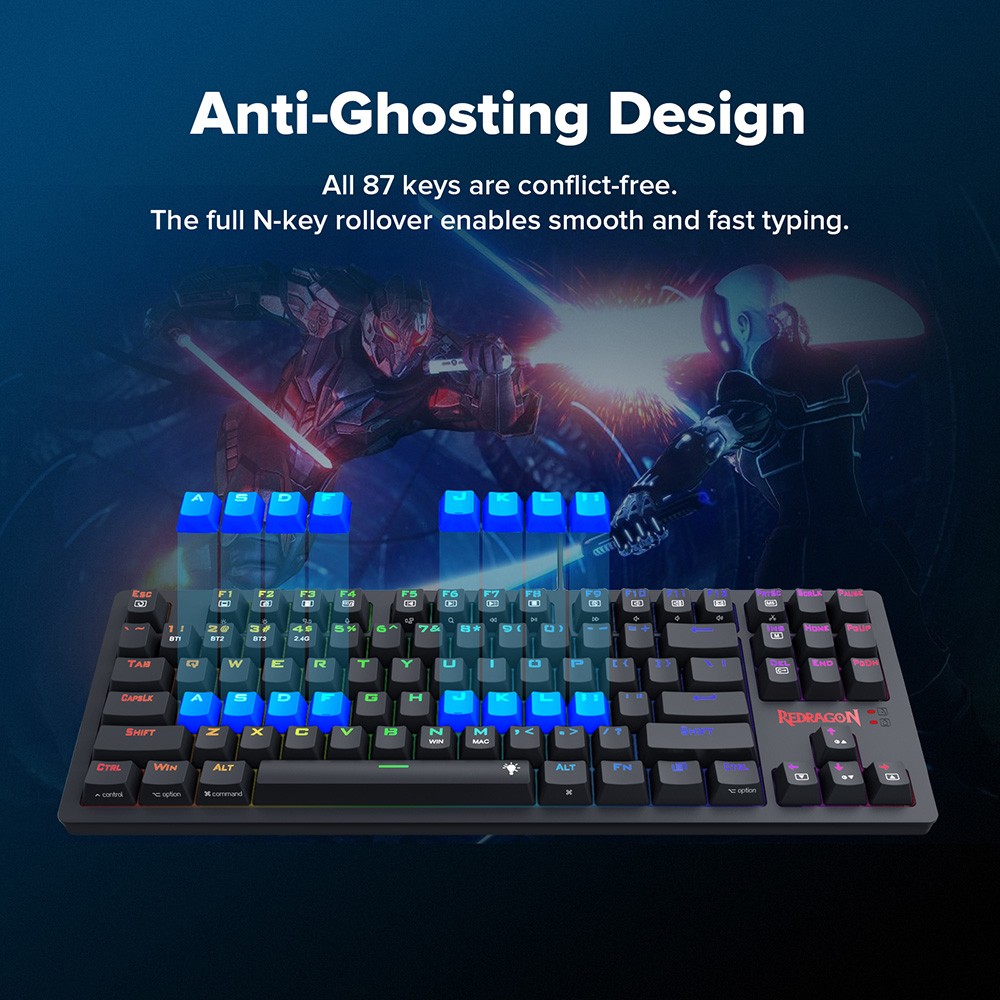 Refurbished Redragon K598P-KBS RGB TKL Wireless Mechanical Keyboard Bluetooth/2.4Ghz/Wired Tri-Mode Blue Switch for Win/Mac - Black