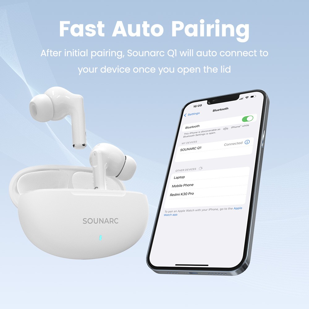 SOUNARC Q1 Earbuds, Bluetooth 5.3, 28 Hours of Playtime, Smart Touch Control - White
