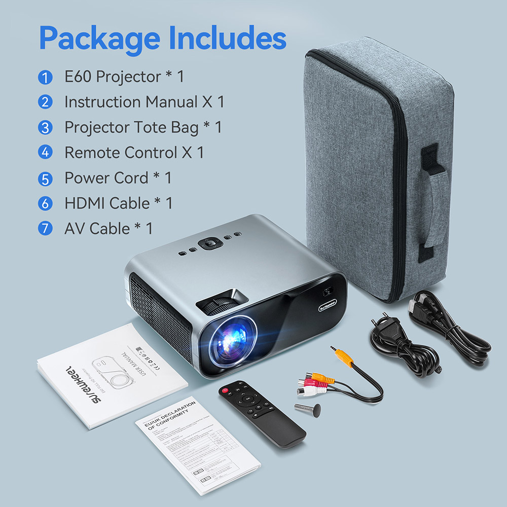 Refurbished SUREWHEEL E60 Mini Projector, Native 1080P, 4K Support, 12000 Lumens, 220inch Max Projection Size, 5G WiFi & Bluetooth 5.0, Zoom, HiFi Speaker, HDMI/USB/AV