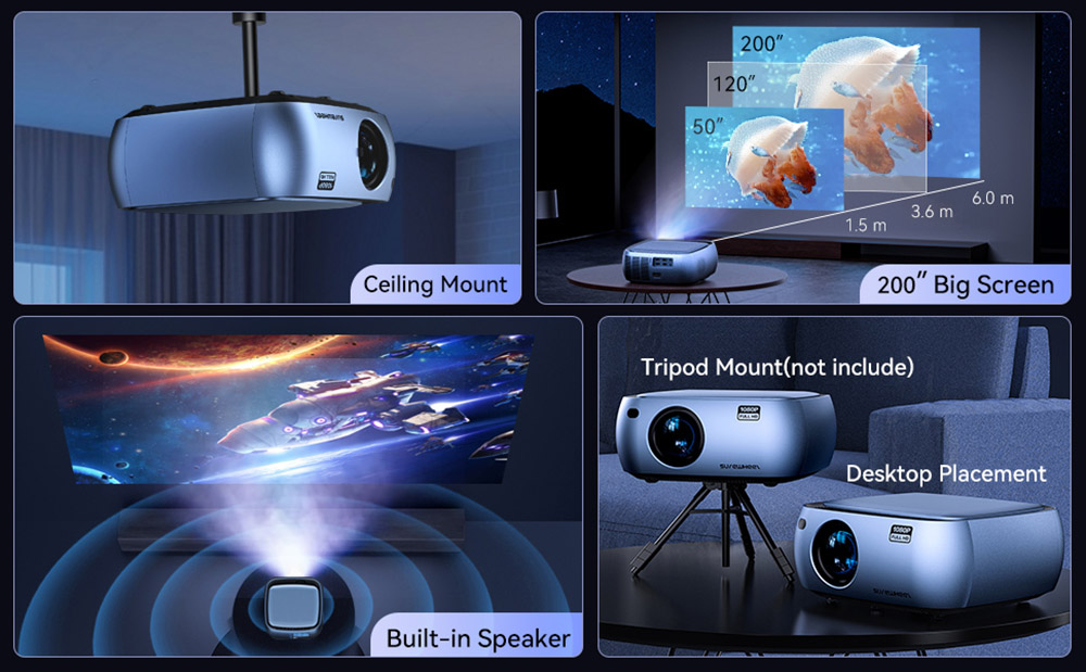 SUREWHEEL K10 Projector, Native 1080P, 4K Support, 200inch Display, 5G WiFi & Bluetooth 5.0, 12000 Lumens, Zoom Function, Keystone Correction, Beamer mit System