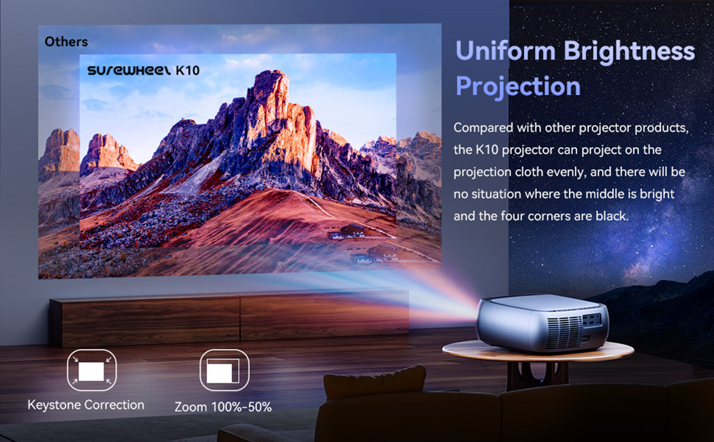 SUREWHEEL K10 Projector, Native 1080P, 4K Support, 200inch Display, 5G WiFi & Bluetooth 5.0, 12000 Lumens, Zoom Function, Keystone Correction, Beamer mit System