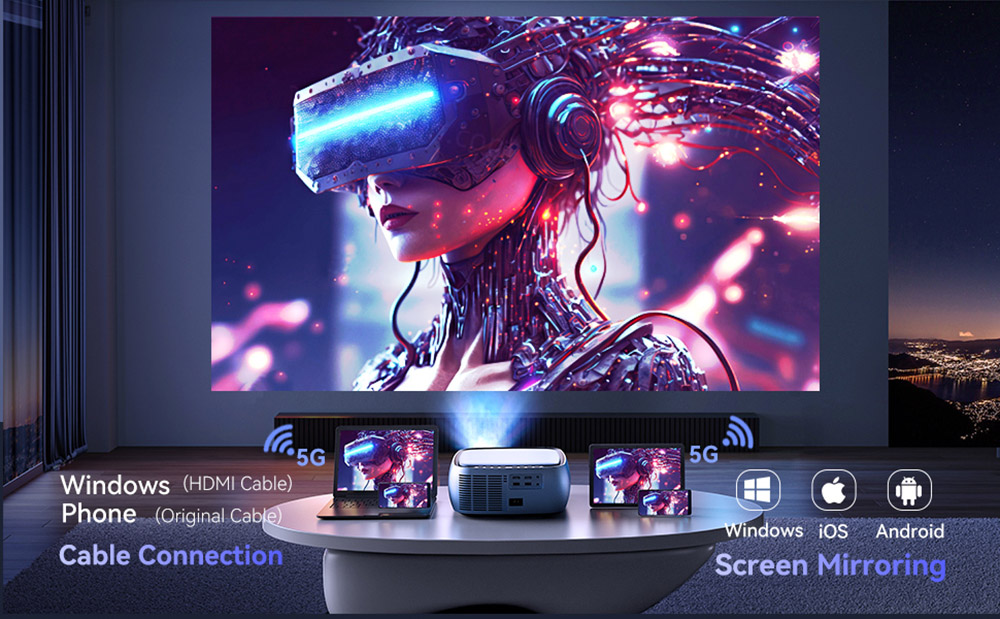 SUREWHEEL K10 Projector, Native 1080P, 4K Support, 200inch Display, 5G WiFi & Bluetooth 5.0, 12000 Lumens, Zoom Function, Keystone Correction, Beamer mit System