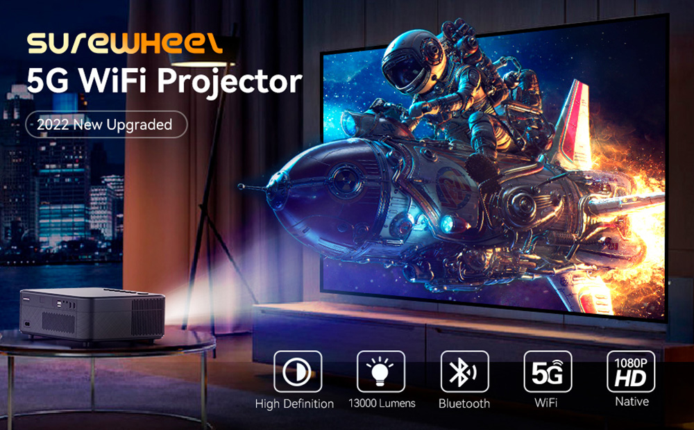Refurbished SUREWHEEL SW10 Projector, Native1080P, 13000 Lumens, 180inch Max Projection Size, 5G WiFi & Bluetooth, Zoom Function, 4 Point Keystone Correction