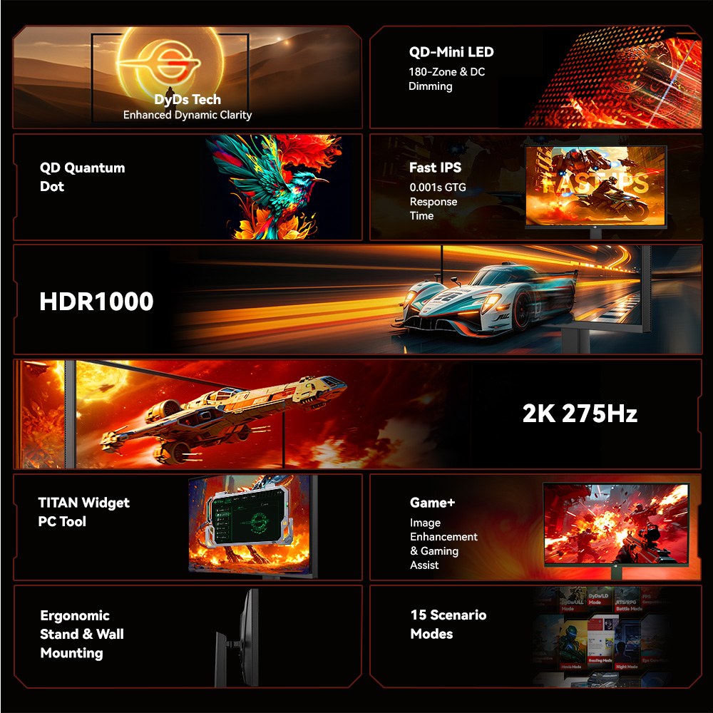 Refurbished TITAN ARMY P276MS Gaming Monitor, 27" QHD 2560×1440 Fast IPS, 275Hz Overclock, 1ms MPRT, HDR1000 1200nits, FreeSync, Game Plus & 15 Scenario Modes, PBP & PIP Split-screen Mode, Low Blue Light & Flicker-Free, Adjustable Tilt Stand