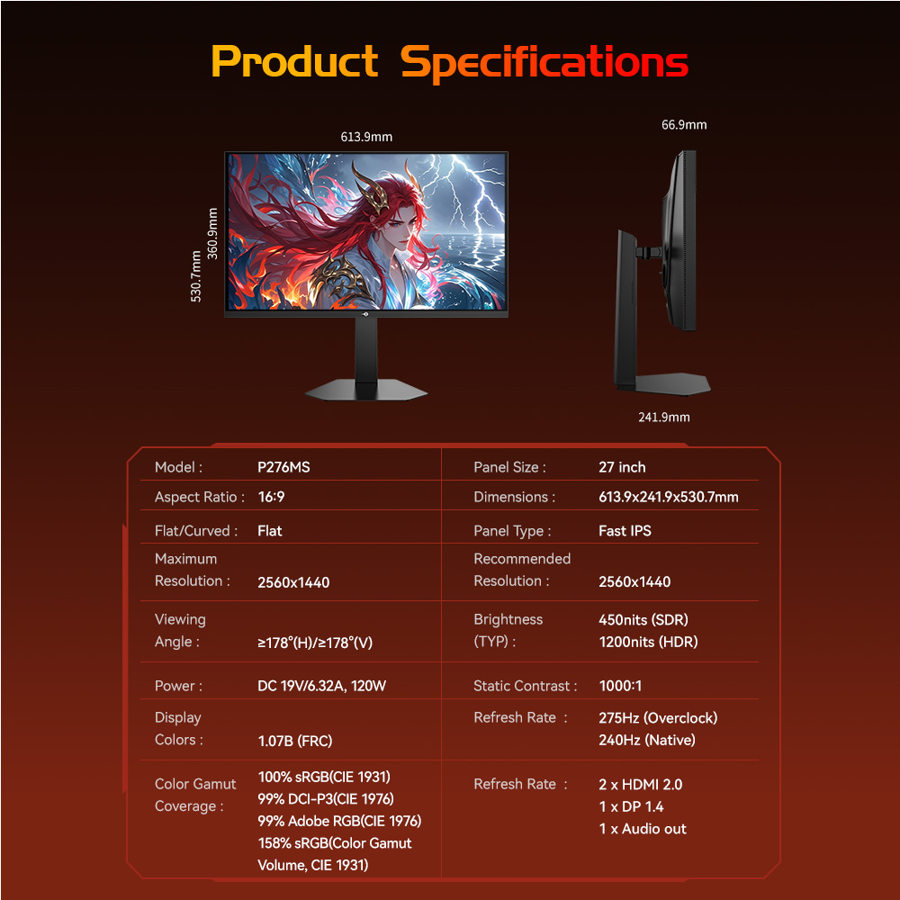 Refurbished TITAN ARMY P276MS Gaming Monitor, 27" QHD 2560×1440 Fast IPS, 275Hz Overclock, 1ms MPRT, HDR1000 1200nits, FreeSync, Game Plus & 15 Scenario Modes, PBP & PIP Split-screen Mode, Low Blue Light & Flicker-Free, Adjustable Tilt Stand