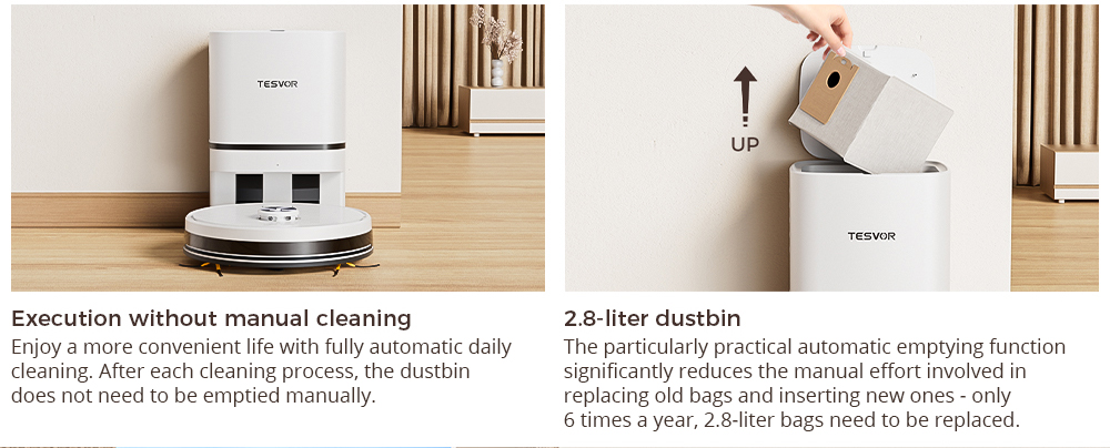 Tesvor S7 Pro AES Robot Vacuum Cleaner with Automatic Empty Station, Mopping Function, 6000Pa Suction, Laser Navigation, 600ml Dustbin, 2.8L Dust Bag, 180Mins Runtime, App Control / Remote Control - White