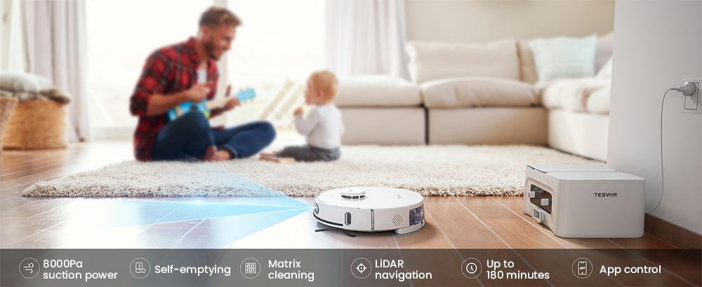 Tesvor S8 Max Robot Vacuum Cleaner, 3-in-1 Vacuum/Sweep/Mop, 8000Pa Super Suction, Up to 180min Runtime, Self-emptying, 2.5L Large Dust Bag, Remote/APP Control, LiDAR Navigation