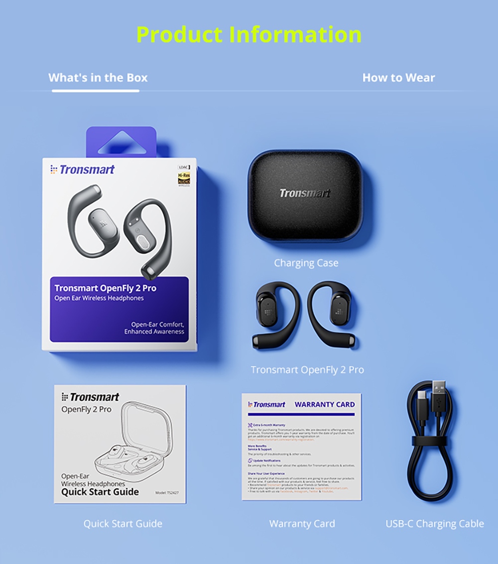 Écouteurs intra-auriculaires ouverts Tronsmart OpenFly 2 Pro, audio haute résolution, haut-parleur de 12 mm, LDAC, réduction de bruit par IA à 4 microphones, jusqu'à 40 h d'autonomie, contrôle via application - Noir obsidien