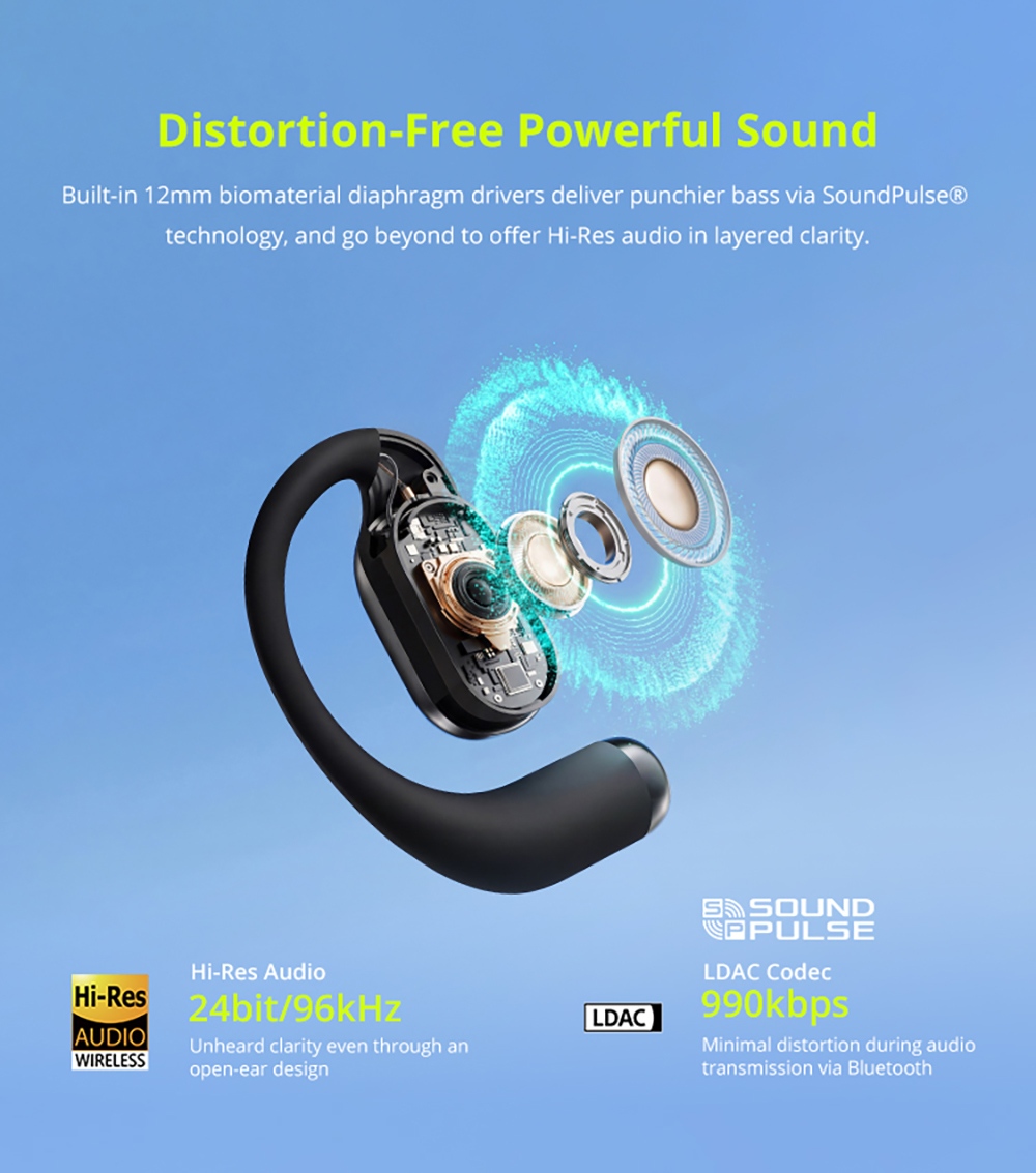 Écouteurs intra-auriculaires ouverts Tronsmart OpenFly 2 Pro, audio haute résolution, haut-parleur de 12 mm, LDAC, réduction de bruit par IA à 4 microphones, jusqu'à 40 h d'autonomie, contrôle via application - Noir obsidien
