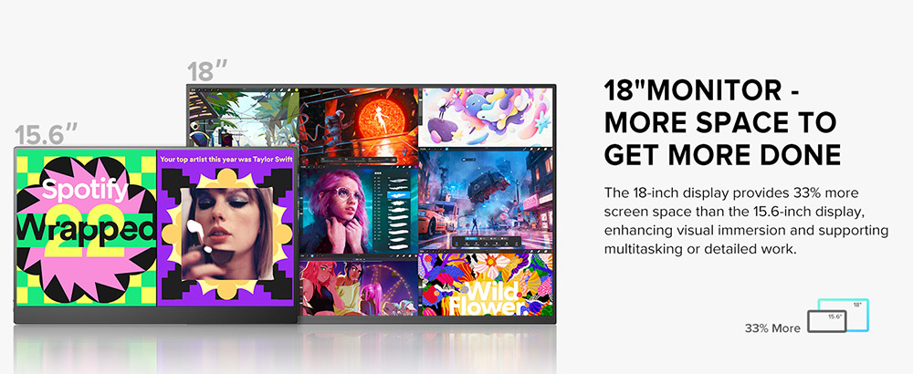 UPERFECT K118 18'' Portable Gaming Monitor, 144Hz Refresh Rate, 2560x1600 IPS Screen, 1000:1 Contrast Ratio, FreeSync, HDR, 100% DCI-P3, Built-in Speaker, 9ms Response Time, Low Blue Light, VESA Mountable, 1*Mini HDMI,1*Type-C, 1*Audio Jack - EU Plug