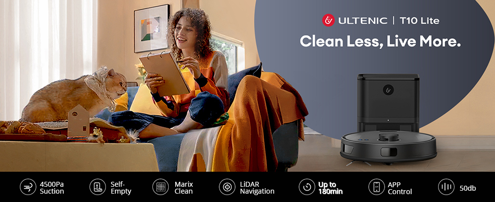 Ultenic T10 Lite Robot Vacuum Cleaner with LiDAR Navigation, 4500Pa Suction, Self-empty, Matrix Clean, Up to 180min Runtime, 2L Dustbin, APP Control/Alexa/Siri/IFTTT, for All Floors Pet Hair