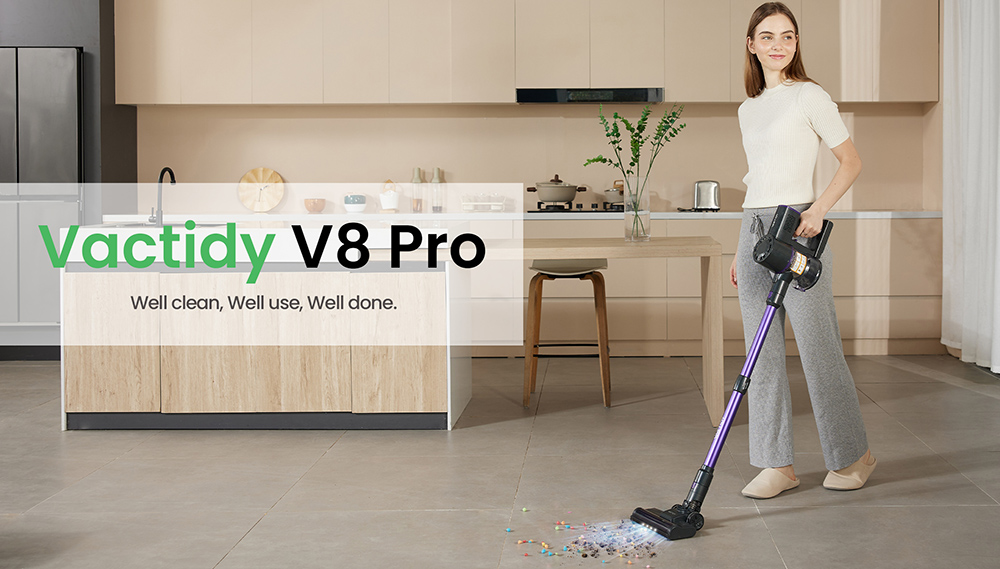 Vactidy V8 Pro Cordless Vacuum Cleaner, 25kPa Powerful Suction, Cyclonic Filtration System, 500ml Dust Cup, LED Touch Display, 180° Rotatable Brush Head, 35min Runtime, Self-Standing Design - EU Plug