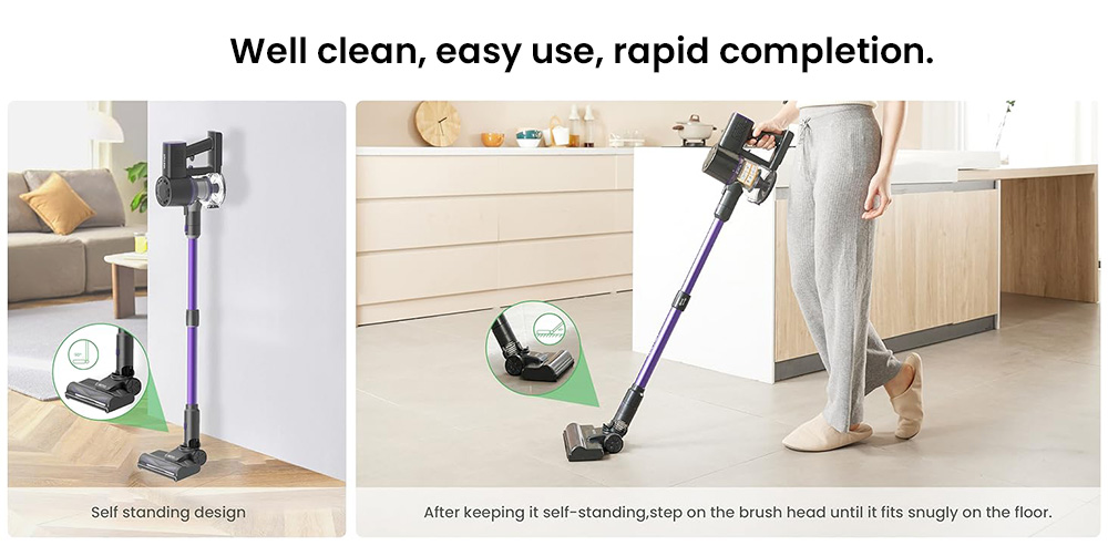 Vactidy V8 Pro Cordless Vacuum Cleaner, 25kPa Powerful Suction, Cyclonic Filtration System, 500ml Dust Cup, LED Touch Display, 180° Rotatable Brush Head, 35min Runtime, Self-Standing Design - EU Plug