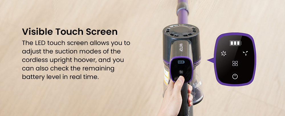 Vactidy V8 Pro Cordless Vacuum Cleaner, 25kPa Powerful Suction, Cyclonic Filtration System, 500ml Dust Cup, LED Touch Display, 180° Rotatable Brush Head, 35min Runtime, Self-Standing Design - EU Plug