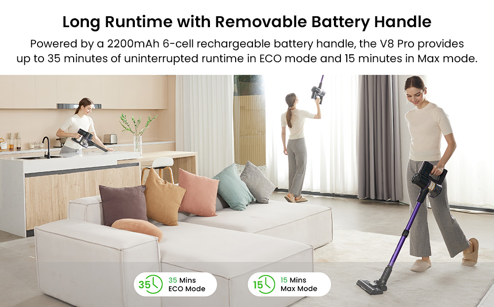 Vactidy V8 Pro Cordless Vacuum Cleaner, 25kPa Powerful Suction, Cyclonic Filtration System, 500ml Dust Cup, LED Touch Display, 180° Rotatable Brush Head, 35min Runtime, Self-Standing Design - EU Plug