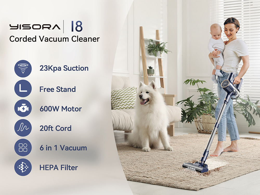 YISORA I8 6 in 1 Corded Stick Vacuum Cleaner, 23kPa Strong Suction Power, 600W Motor, Freestanding & Telescopic Tube, HEPA Filter, 20ft Cable, LED Headlights, 0.8L Dustbin