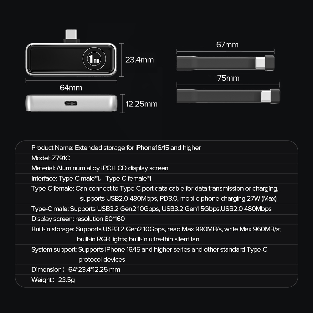 Refurbished ZIKE Z791C USB-C Magnetic Extended Storage for iPhone 16/15 Series - 1TB