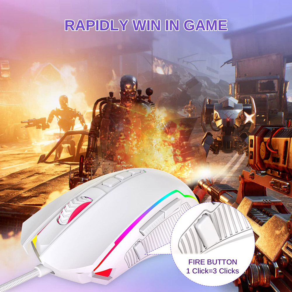 Refurbished Redragon M910-W Wired Gaming Mouse, 8000 DPI, 9 Programmable Buttons + Rapid Fire, RGB Backlight - White