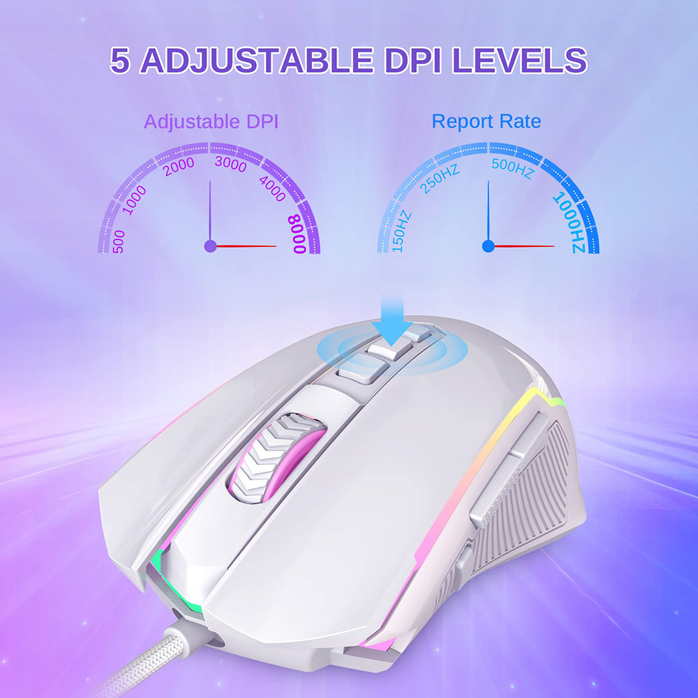 Refurbished Redragon M910-W Wired Gaming Mouse, 8000 DPI, 9 Programmable Buttons + Rapid Fire, RGB Backlight - White