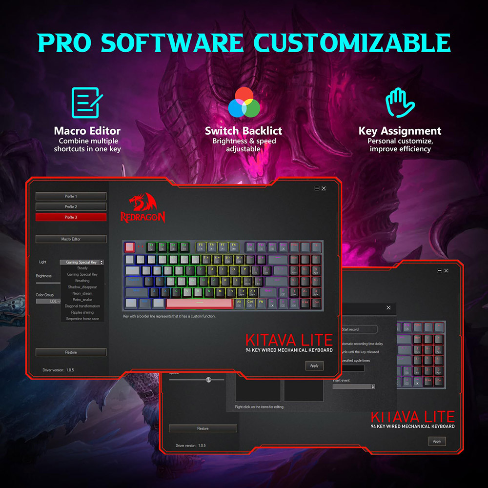 Redragon K636GLR-R Mechanical Keyboard, 94-Key with NumPad, Rainbow Backlight, Red Switch, US Layout - Black+Gray