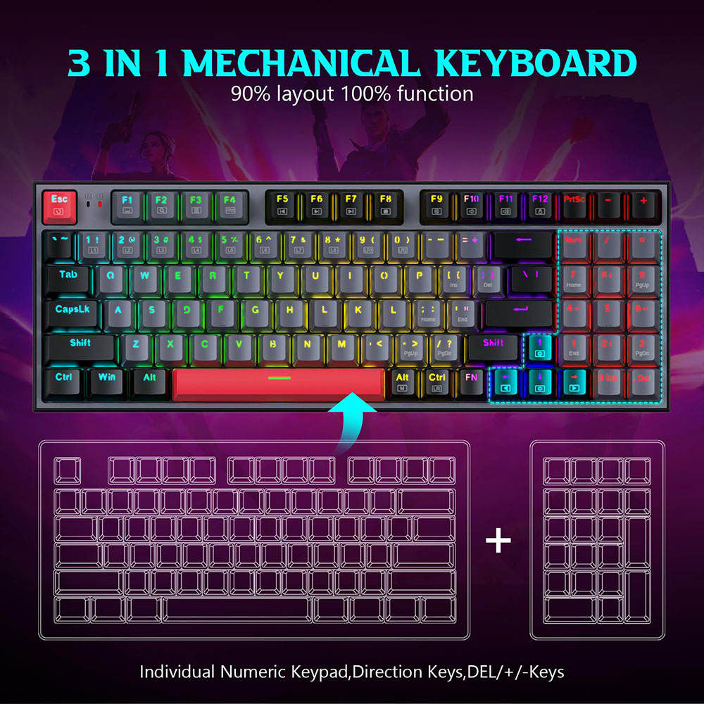 Redragon K636GLR-R Mechanical Keyboard, 94-Key with NumPad, Rainbow Backlight, Red Switch, US Layout - Black+Gray