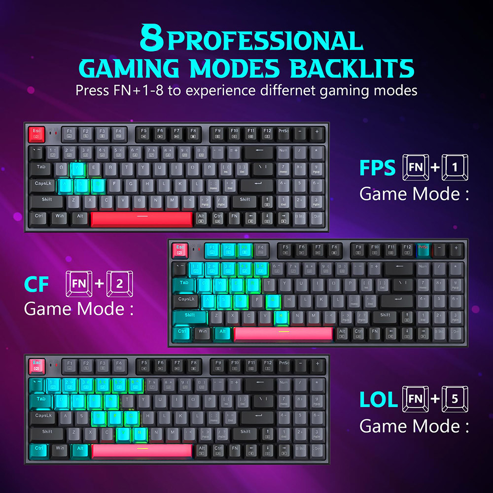 Redragon K636GLR-R Mechanical Keyboard, 94-Key with NumPad, Rainbow Backlight, Red Switch, US Layout - Black+Gray