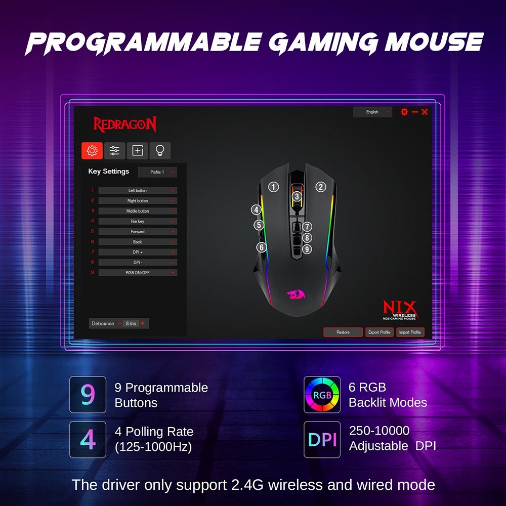 Refurbished Redragon M914P-RGB-KS Tri-Mode Gaming Mouse, Bluetooth / 2.4GHz Wireless / USB-C Wired, 10000 DPI, 10 Programmable Buttons, RGB Backlight