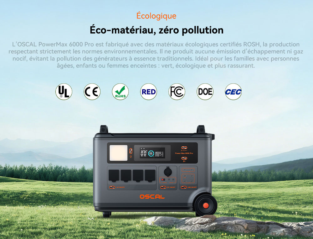 Oscal PowerMax 6000 Pro Station d'alimentation portable, Batterie LiFePO4 3600Wh, Extensible jusqu'à 57600Wh, Sortie à Onde Sinusoïdale Pure de 6000W, Puissance de Crête de 9000W, 14 Sorties, Entrée Solaire de 3000W, 3500+ Cycles, UPS