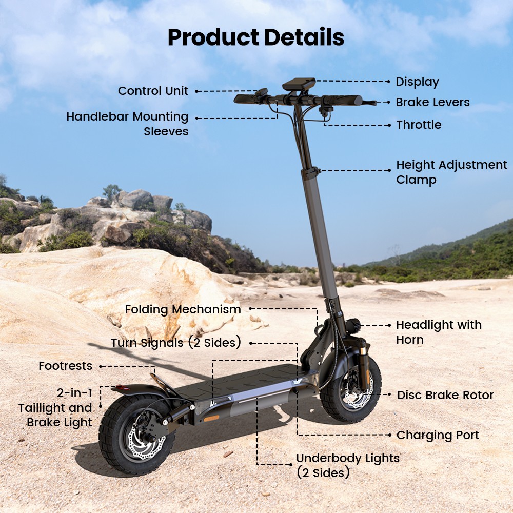 iScooter W9 Electric Scooter, 1000W Motor, 48V 14Ah Battery, 10 inch Tires, 45km/h Max Speed, 45km Range, Front & Rear Disc Brake, Dual Shock Absorption, LCD Display