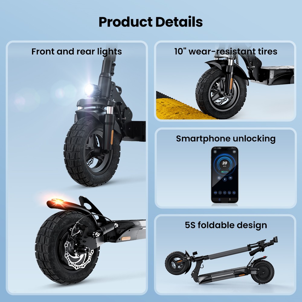 iScooter W9 Electric Scooter, 1000W Motor, 48V 14Ah Battery, 10 inch Tires, 45km/h Max Speed, 45km Range, Front & Rear Disc Brake, Dual Shock Absorption, LCD Display