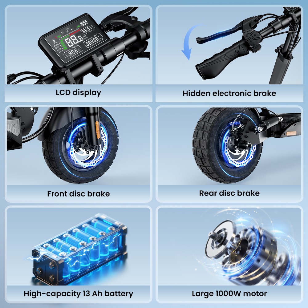 iScooter W9 Electric Scooter, 1000W Motor, 48V 14Ah Battery, 10 inch Tires, 45km/h Max Speed, 45km Range, Front & Rear Disc Brake, Dual Shock Absorption, LCD Display