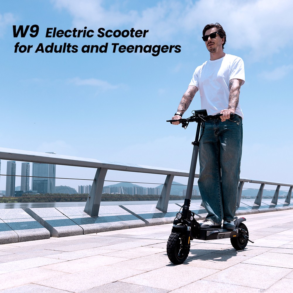 iScooter W9 Electric Scooter, 1000W Motor, 48V 14Ah Battery, 10 inch Tires, 45km/h Max Speed, 45km Range, Front & Rear Disc Brake, Dual Shock Absorption, LCD Display
