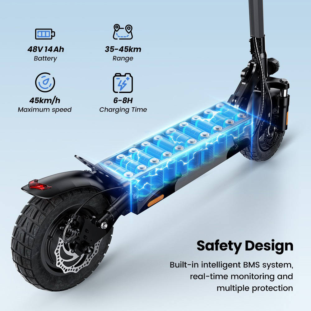 iScooter W9 Electric Scooter, 1000W Motor, 48V 14Ah Battery, 10 inch Tires, 45km/h Max Speed, 45km Range, Front & Rear Disc Brake, Dual Shock Absorption, LCD Display