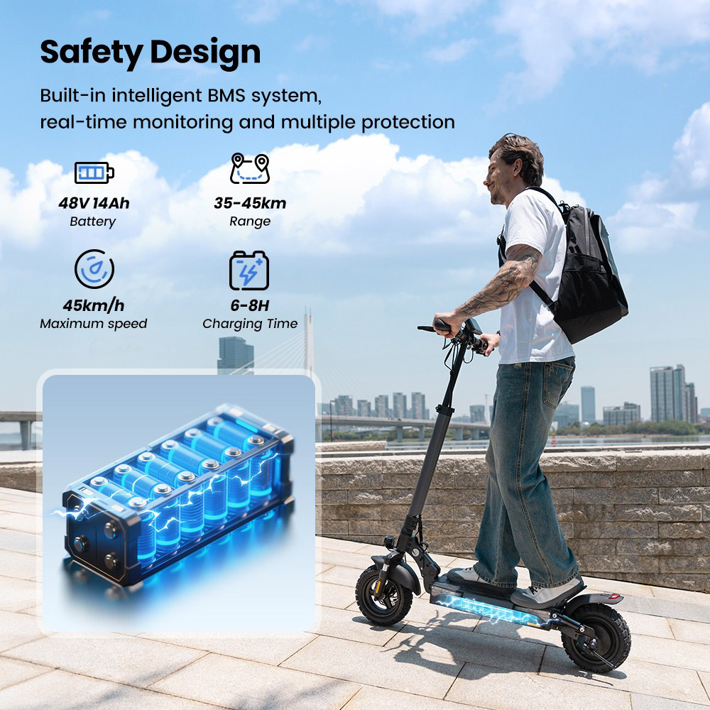 iScooter W9 Electric Scooter, 1000W Motor, 48V 14Ah Battery, 10 inch Tires, 45km/h Max Speed, 45km Range, Front & Rear Disc Brake, Dual Shock Absorption, LCD Display