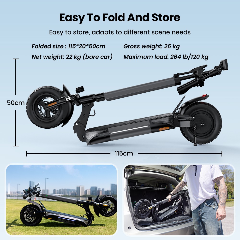 iScooter W9 Electric Scooter, 1000W Motor, 48V 14Ah Battery, 10 inch Tires, 45km/h Max Speed, 45km Range, Front & Rear Disc Brake, Dual Shock Absorption, LCD Display