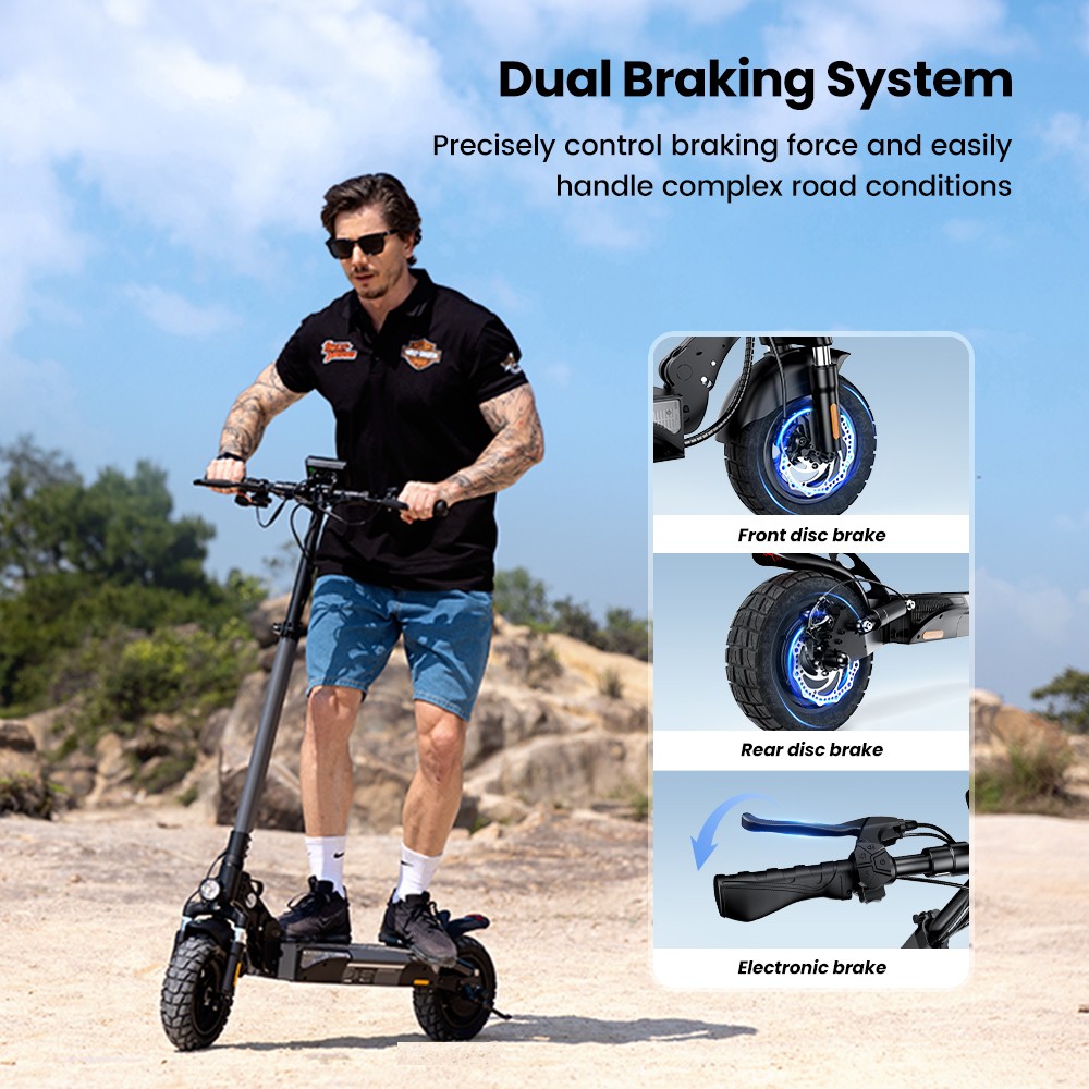 iScooter W9 Electric Scooter, 1000W Motor, 48V 14Ah Battery, 10 inch Tires, 45km/h Max Speed, 45km Range, Front & Rear Disc Brake, Dual Shock Absorption, LCD Display