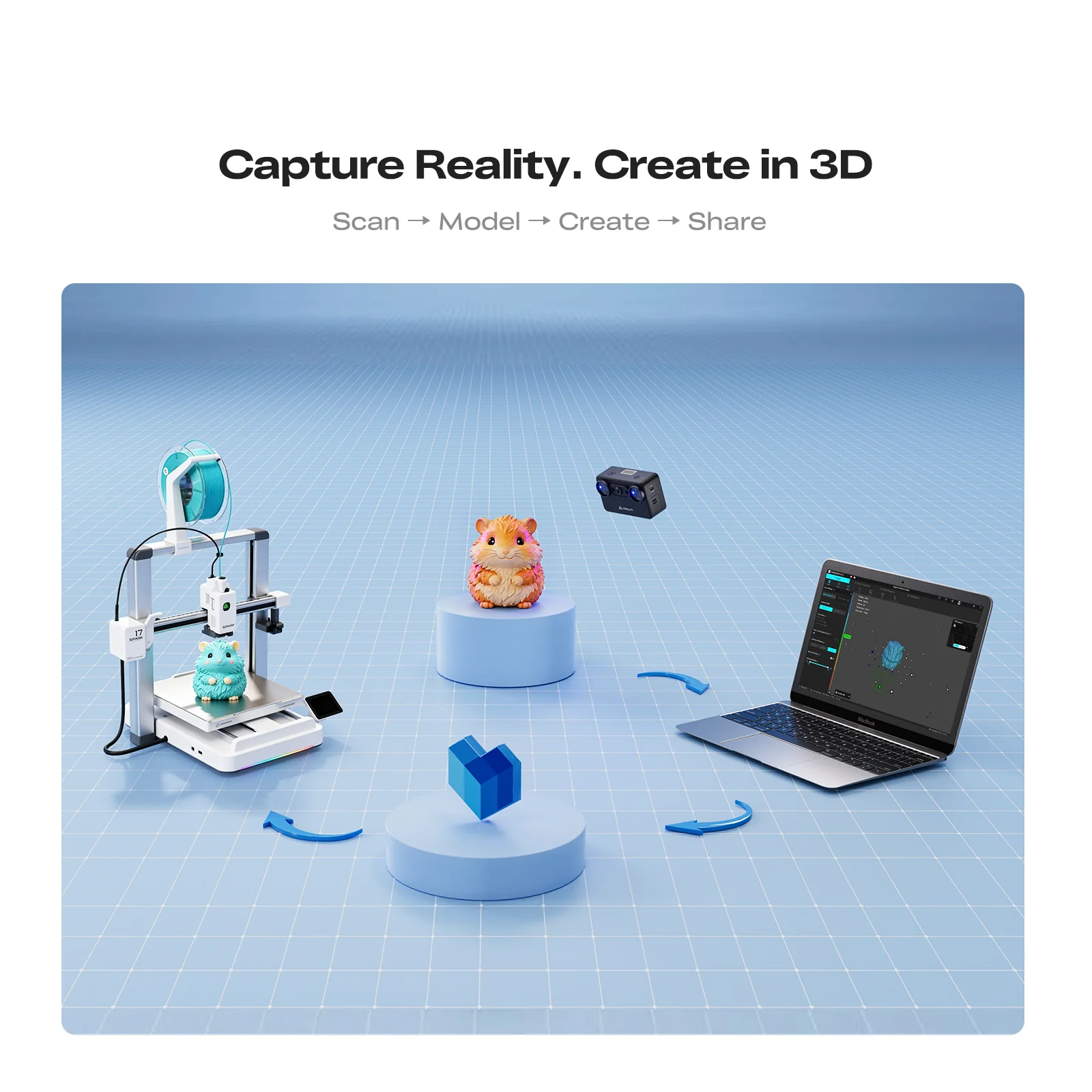 Creality Pika Portable 3D Scanner, 7-Line Blue Laser & NIR Structured Light, 0.03mm Accuracy, 110FPS, 3-inch Touchscreen, Wi-Fi 6 - Black