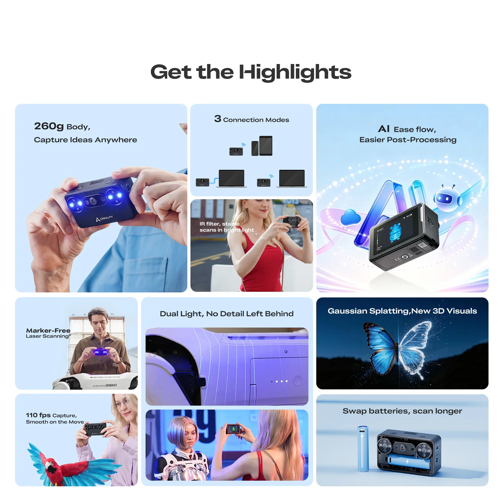 Creality Pika Portable 3D Scanner, 7-Line Blue Laser & NIR Structured Light, 0.03mm Accuracy, 110FPS, 3-inch Touchscreen, Wi-Fi 6 - Black