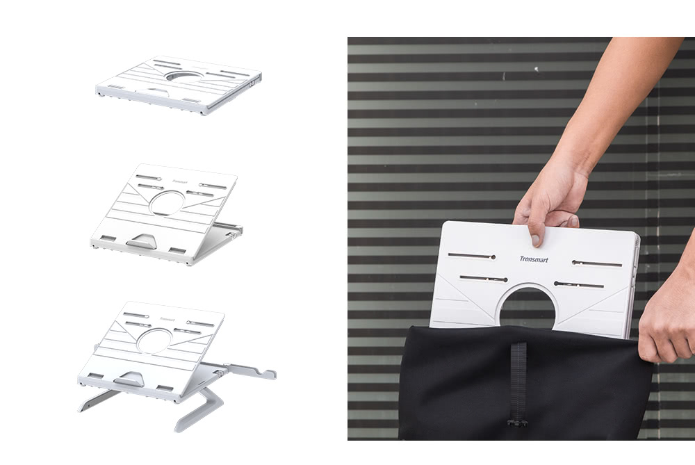 Tronsmart D07 Foldable Laptop Stand, 9-Level Height & Angle Adjustment, 10kg Load Capacity, Ventilated Cooling Design, Dual Phone Holders, for 10–17-Inch Laptops & Tablets - White