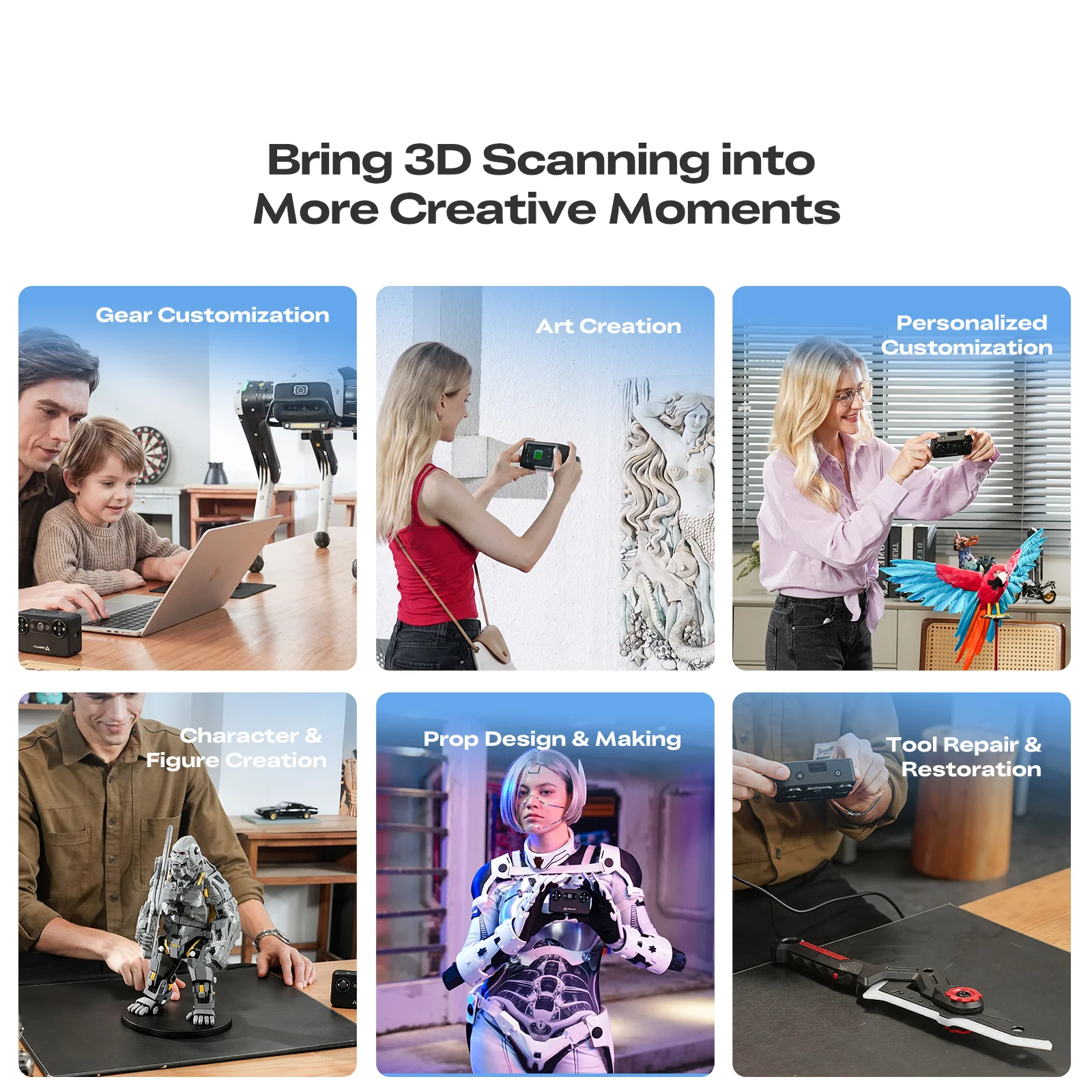Creality Pika Portable 3D Scanner, 7-Line Blue Laser & NIR Structured Light, 0.03mm Accuracy, 110FPS, 3-inch Touchscreen, Wi-Fi 6 - Black