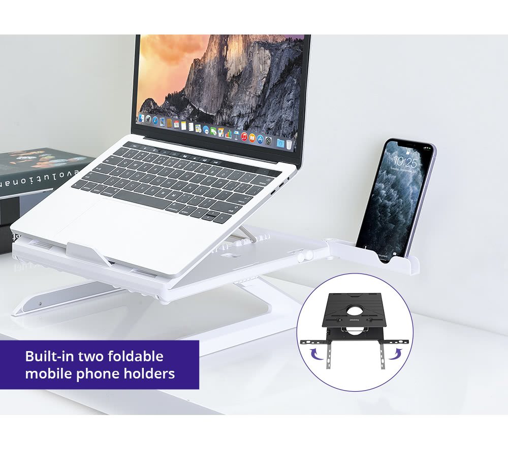 Tronsmart D07 Foldable Laptop Stand, 9-Level Height & Angle Adjustment, 10kg Load Capacity, Ventilated Cooling Design, Dual Phone Holders, for 10–17-Inch Laptops & Tablets - White