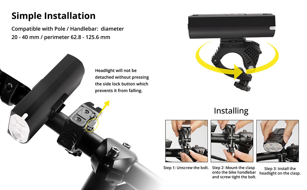 Refurbished OOLACTIVE YQ-Y20 Bike Lights 5200mAh Battery 1200 Lumens with Battery Indicator - Black