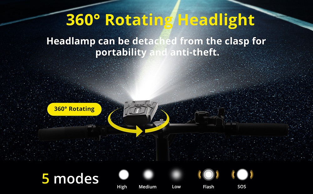 Refurbished OOLACTIVE YQ-Y20 Bike Lights 5200mAh Battery 1200 Lumens with Battery Indicator - Black