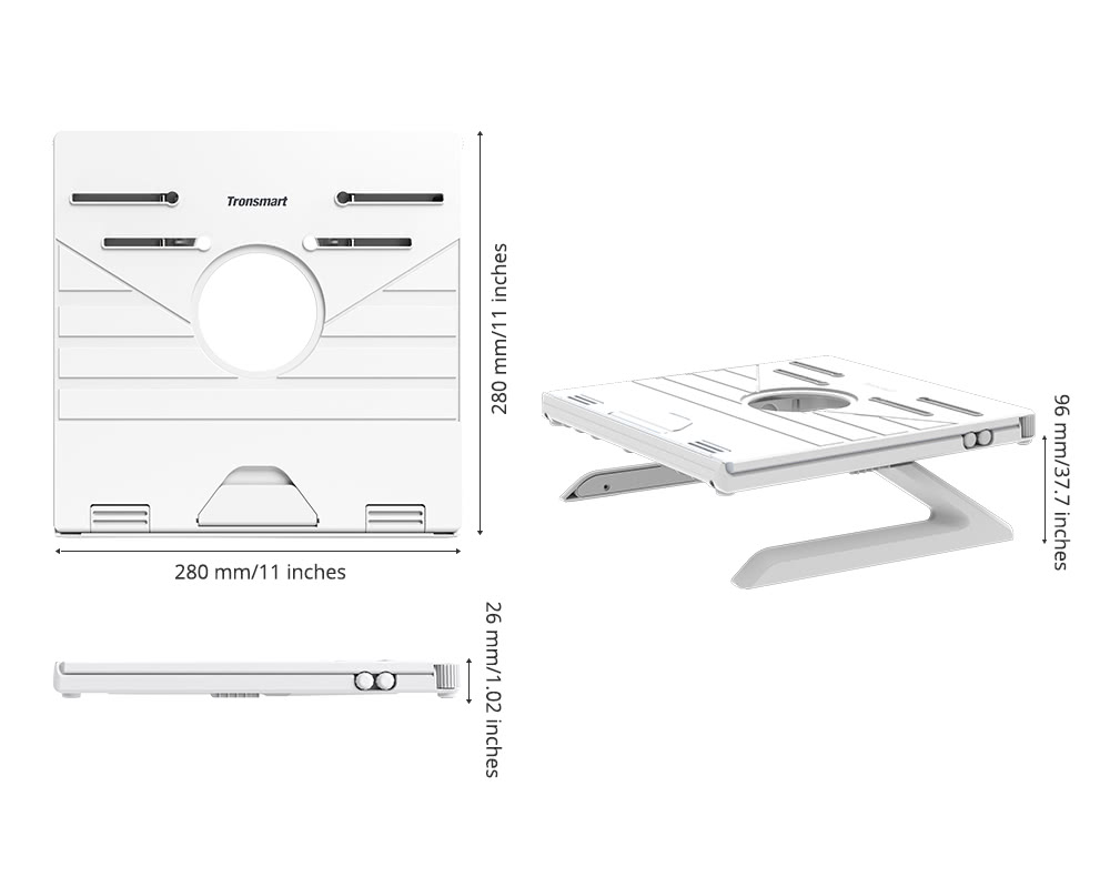 Tronsmart D07 Foldable Laptop Stand, 9-Level Height & Angle Adjustment, 10kg Load Capacity, Ventilated Cooling Design, Dual Phone Holders, for 10–17-Inch Laptops & Tablets - White