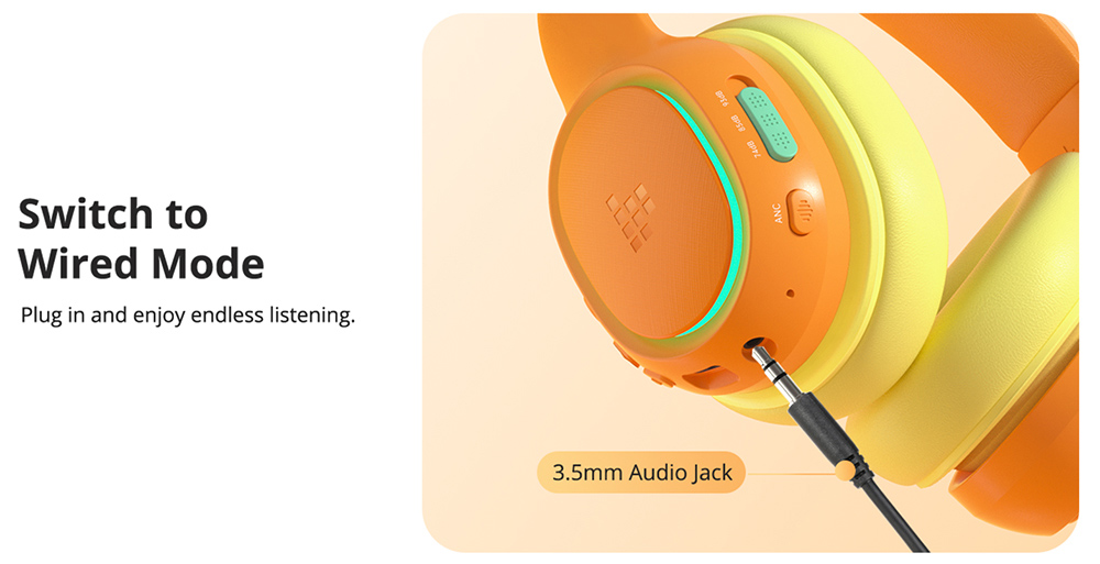 Tronsmart KH03 ANC Kids Headphones, Active Noise Cancellation, 93dB Volume Limit, 70H Playtime, Built-in HD Mic, Multiple Lighting Modes, Breathable Protein Earpads - Orange