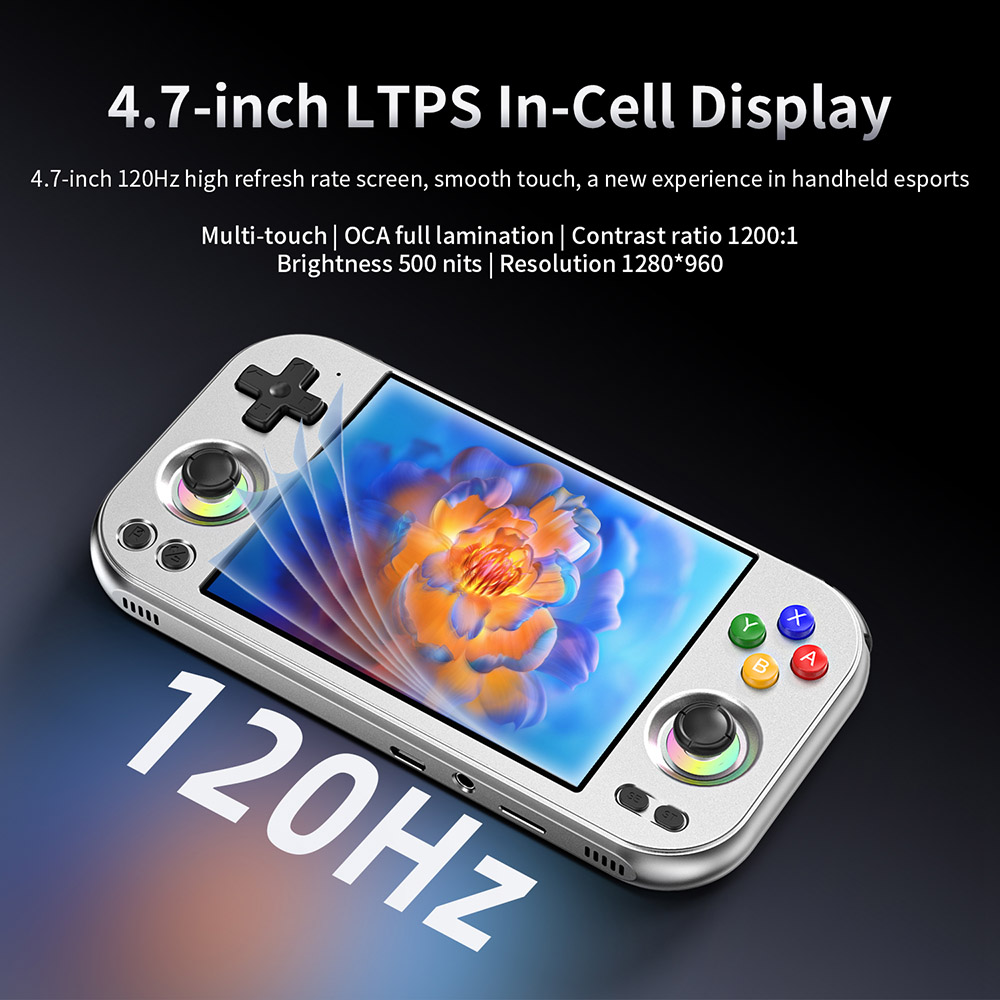 Refurbished ANBERNIC RG 477M AI Game Console, Android 14, 12GB RAM 256GB Storage, 4.7 inch 1280×960 LTPS Touchscreen, 120Hz Refresh Rate, WiFi 6E Bluetooth 5.3, 3D Hall joystick, 7 Hours of Playtime - Silver Blade