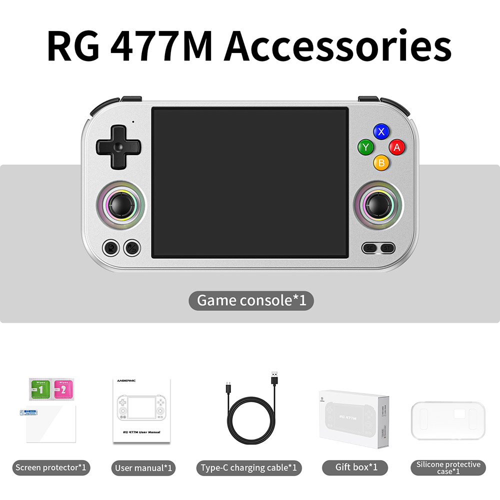 Refurbished ANBERNIC RG 477M AI Game Console, Android 14, 12GB RAM 256GB Storage, 4.7 inch 1280×960 LTPS Touchscreen, 120Hz Refresh Rate, WiFi 6E Bluetooth 5.3, 3D Hall joystick, 7 Hours of Playtime - Silver Blade